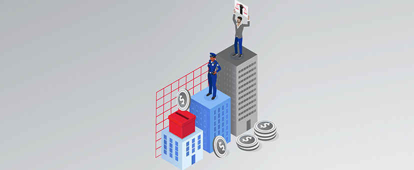 Illustration of buildings with a police officer, money and person holding sign with scales of justice standing on top