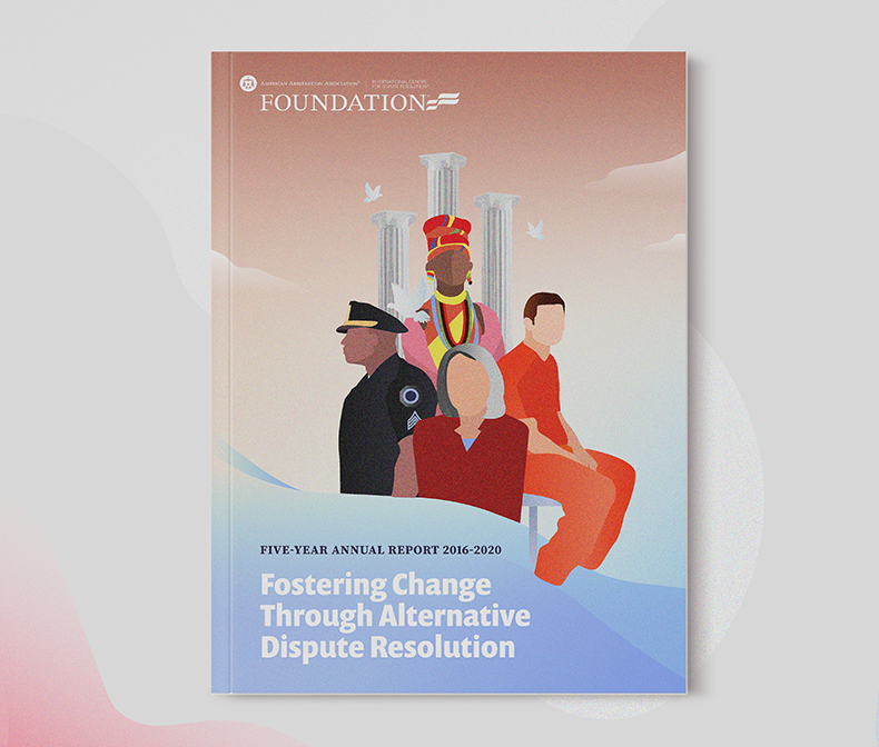 Annual report cover featuring  an illustration of a police officer, a prisoner, a mature woman and a person in traditional African clothing 