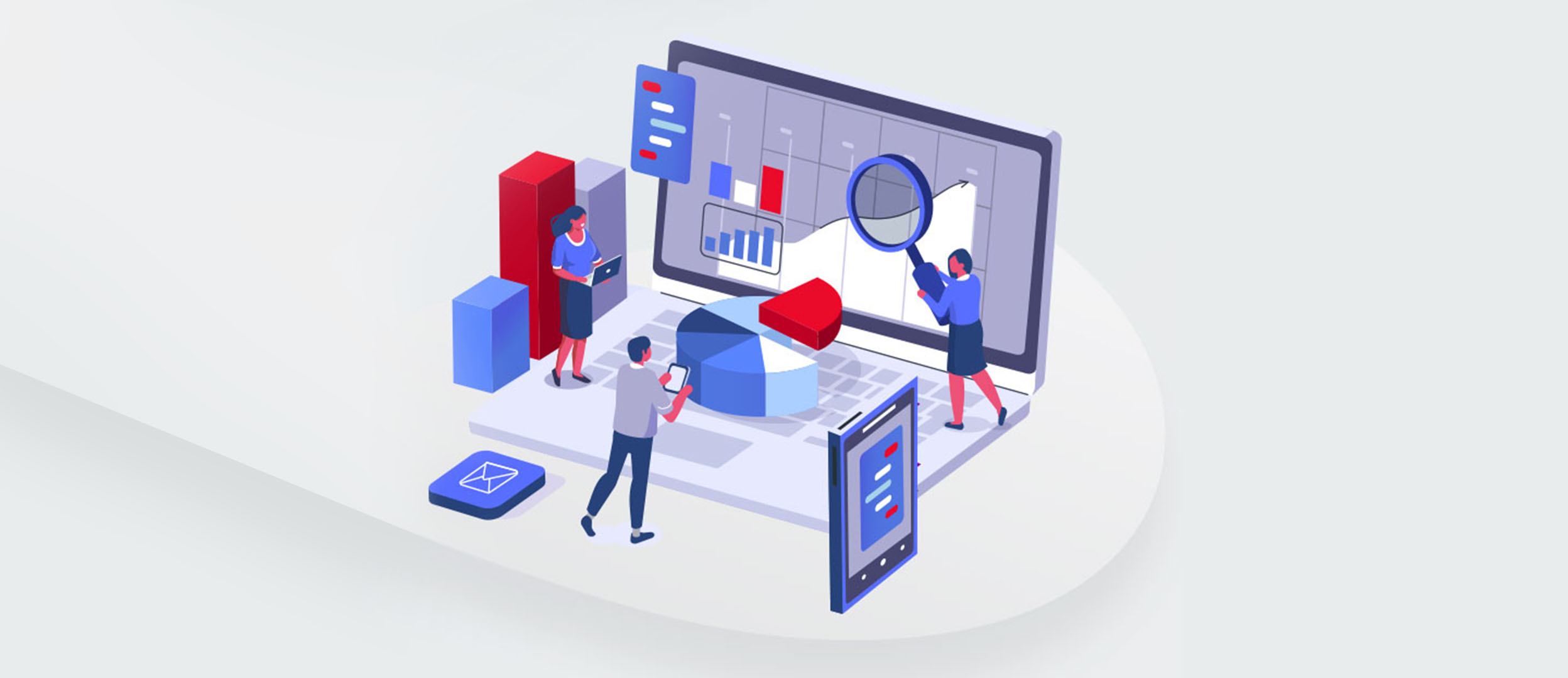 Illustration of a laptop with people, charts and communication icons Illustration of a laptop with people, charts and communication icons