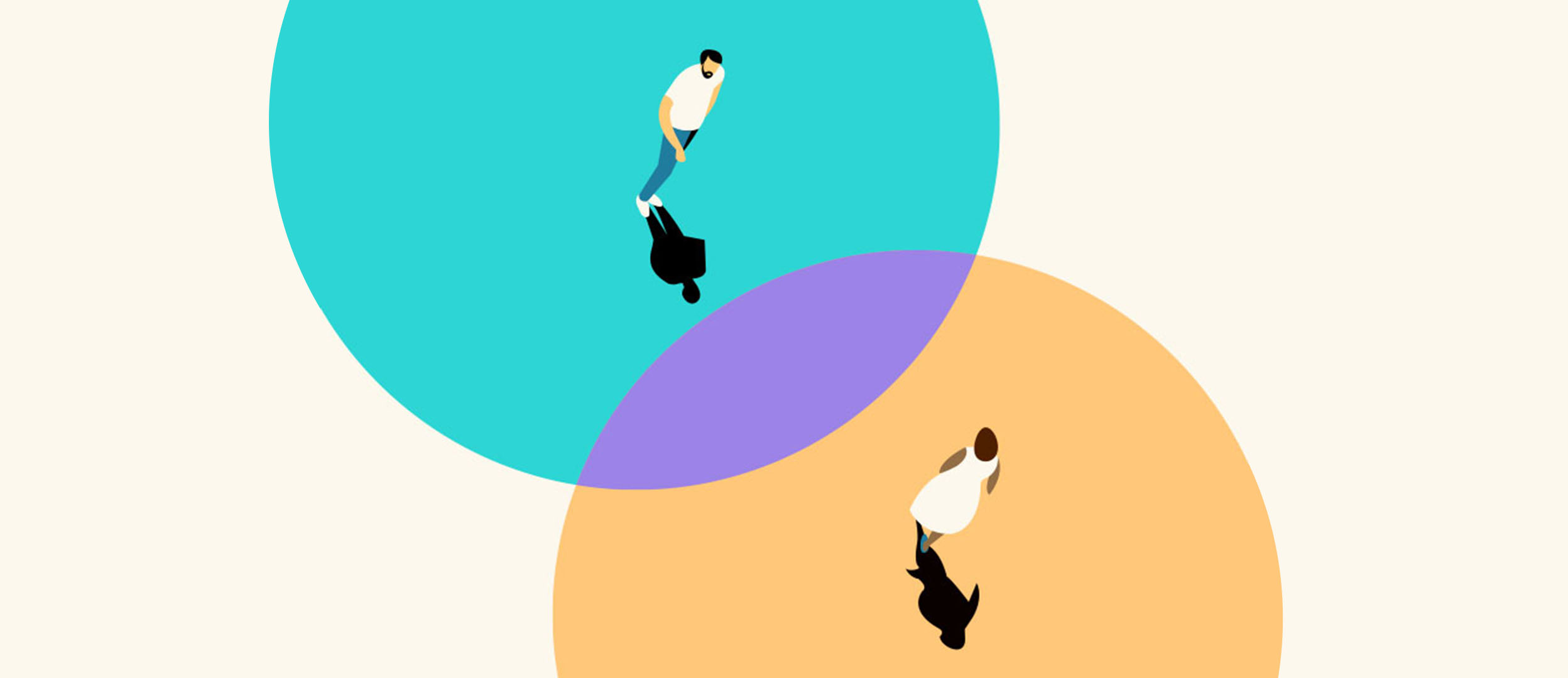 Illustration of a man and a woman standing in separate-colored circles with an overlap of another color in between them